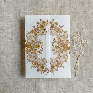 This is a gold vellum wedding invitations by Ivory Invitations called gold la belle rose lace printed vellum wrap for 5x7 card  | pack of 10 in standard