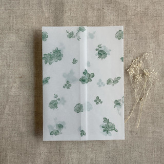 This is a green vellum wedding invitations by Ivory Invitations called sage french roses lace floral printed vellum wrap for 5x7 card  | pack of 10 in standard