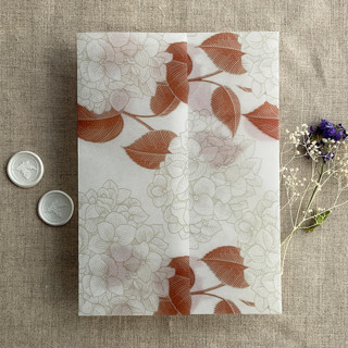 This is a copper vellum wedding invitations by Ivory Invitations called antique hydrangea flower rust leaf printed vellum wrap for 5x7 card | pack of 10 in standard