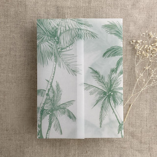 This is a green vellum wedding invitations by Ivory Invitations called palm trees beach side sage printed vellum wrap for 5x7 card | pack of 10 in standard