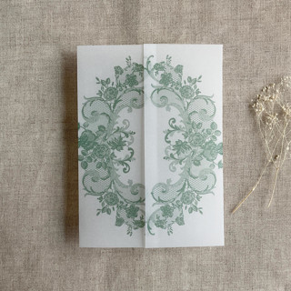 This is a green vellum wedding invitations by Ivory Invitations called sage la belle rose lace printed vellum wrap for 5x7 card  | pack of 10 in standard