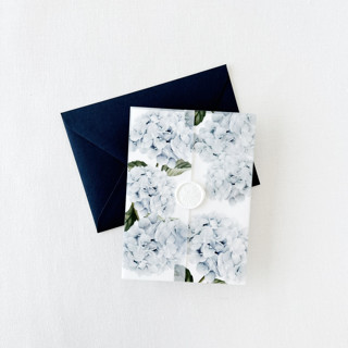 This is a blue vellum wedding invitations by Eva Friesen called blue hydrangea floral printed vellum jacket for 5x7 card in standard