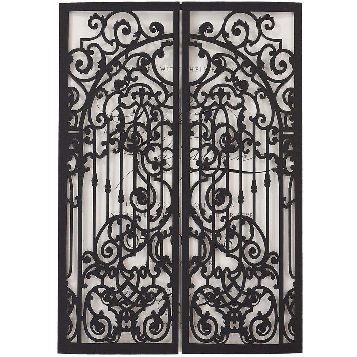 Black Laser Cut Wedding Invitation Ornamental Gatefold | Set of 10 | Envelopes Included