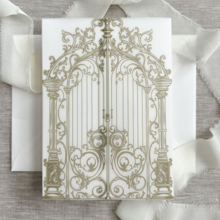 Sage green ornamental gate jacket for invitations | Set of 10