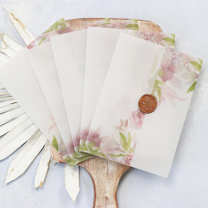 Pink Watercolor Floral Stem Vellum Jackets Size 5x7 Set of 50 Invitation Jackets and