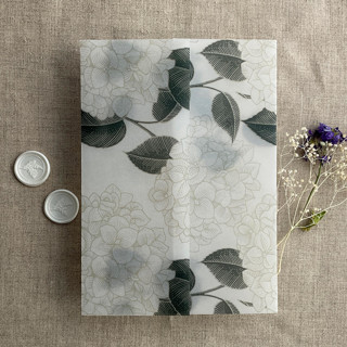 This is a green vellum wedding invitations by Ivory Invitations called antique hydrangea flower forest green leaf printed vellum wrap for 5x7 card | pack of 10 in standard