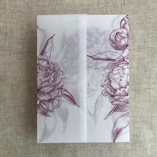 This is a purple vellum wedding invitations by Ivory Invitations called mulberry etched grand peony floral printed vellum wrap for 5x7 card  | pack of 10 in standard