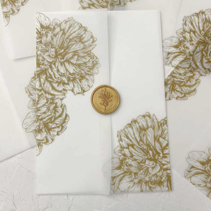 Faux gold peony vellum wraps for 5x7 invitations Set of 10 Invitation