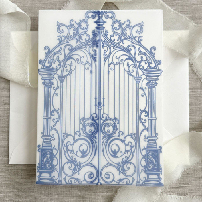 Blue ornamental gate vellum jacket for invitations | Set of 10
