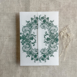 This is a green vellum wedding invitations by Ivory Invitations called forest green la belle rose lace printed vellum wrap for 5x7 card  | pack of 10 in standard