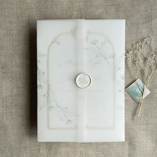 This is a green vellum wedding invitations by Ivory Invitations called jessica minimalist sage envelope vellum wraps for 5x7 card | pack of 10 in standard