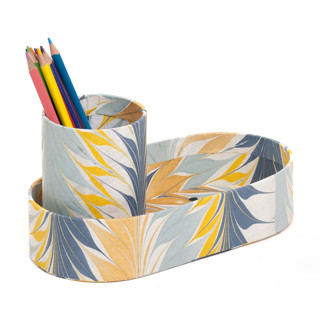 This is a blue accent pieces by Michelle Pham called hand-marbled desk tray & pencil holder organizer in golden blue marbling in standard