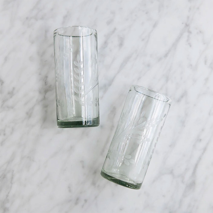 Connected Goods Hand-etched Floral Recycled Glassware