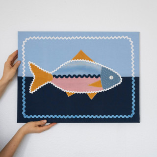 This is a blue original textiles by Karly Rose Sahr called fab fish in standard