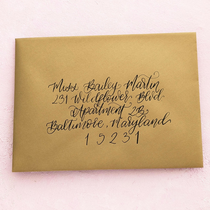 Custom Calligraphy Envelope Addressing - Antique Gold Envelope with Black Calligraphy