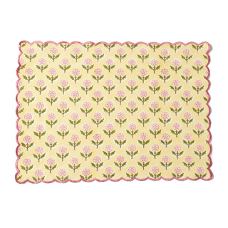 This is a yellow tableware by Inner Child called mona scallop embroidered blockprint placemat in butter yellow in standard