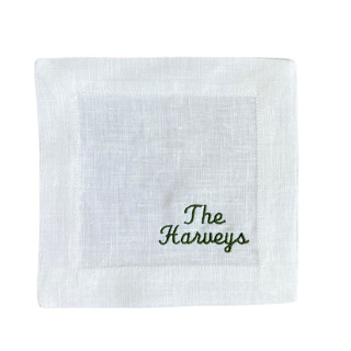 This is a white tableware by Virginia Marcello called custom name embroidered cocktail napkins in standard