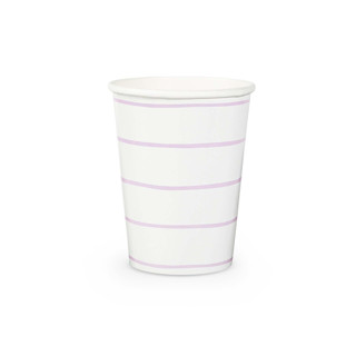 This is a white wedding drinkware by Jollity and Co called lilac frenchie stripes 9 oz cups - pack of 8 in standard