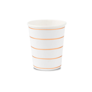 This is a brown wedding drinkware by Jollity and Co called rose gold frenchie stripes 9 oz cups - pack of 8 in standard