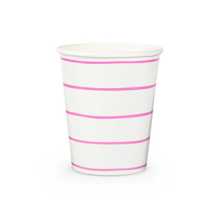 This is a white wedding drinkware by Jollity and Co called cerise frenchie stripes 9 oz cups - pack of 8 in standard