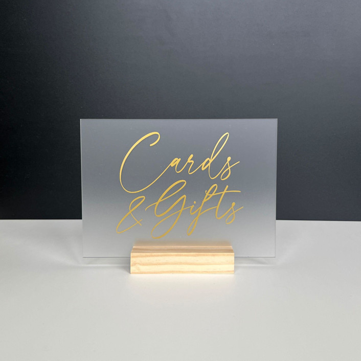 Frosted Acrylic Cards And Gifts Sign, Gold Lettering And Natural Wood