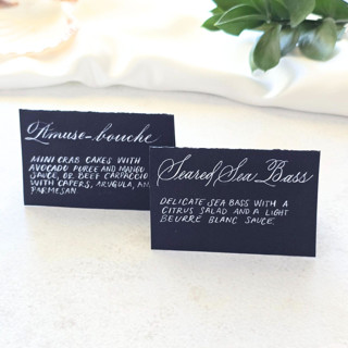 This is a black wedding signs by Inkspiringletters called black tent cards- personalized with calligraphy- set of 10 in standard