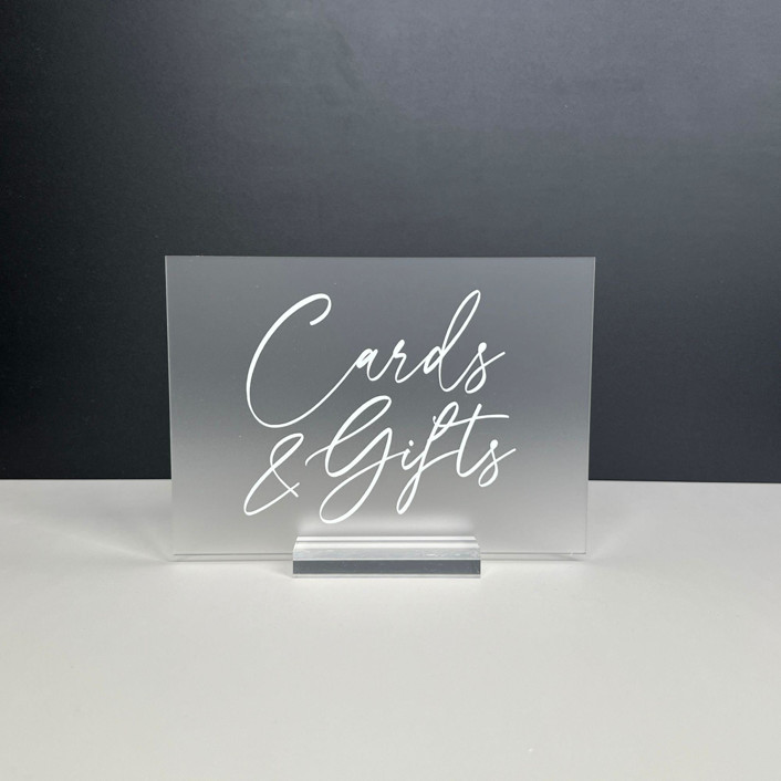 Frosted Acrylic Cards And Gifts Sign, White Lettering And Acrylic Base