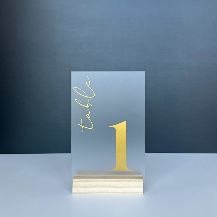 Frosted Acrylic Table Number, Gold Lettering And Natural Wood Base