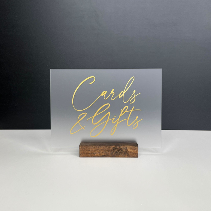 Frosted Acrylic Cards And Gifts Sign, Gold Lettering And Walnut Wood