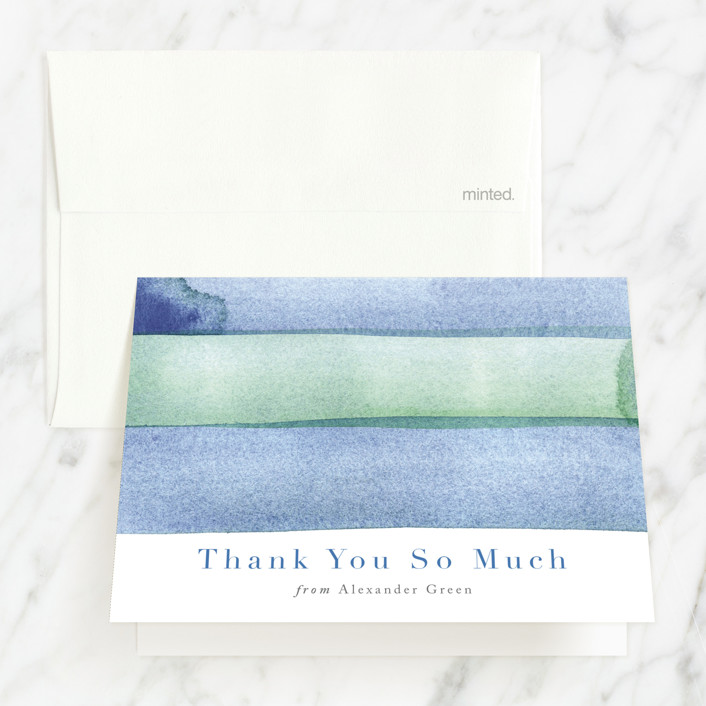 "watercolor stripes" - Modern Mitzvah Thank You Cards in Ocean by Shannon Chen of Four Wet Feet Studio.
