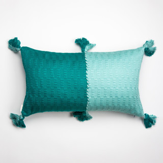 This is a green throw pillows by Archive New York called antigua jade and faded aqua color block handwoven cotton throw pillow in standard