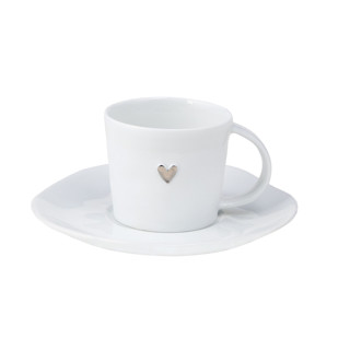 This is a white tableware by Räder Designs called porcelain espresso cup with saucer - silver heart in standard