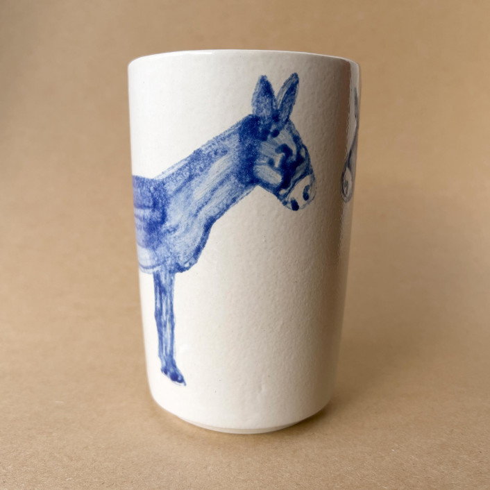 Unique handmade ceramic cup with donkeys