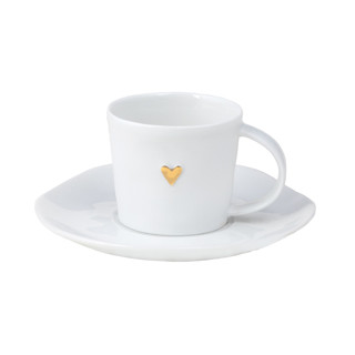 This is a white tableware by Räder Designs called porcelain espresso cup with saucer - golden heart in standard
