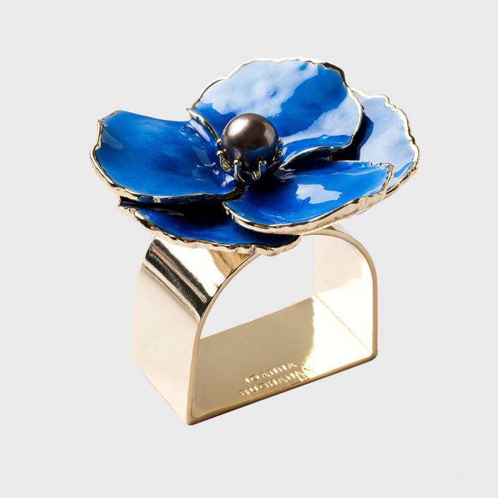 Enamel flower napkin rings, blue, set of four