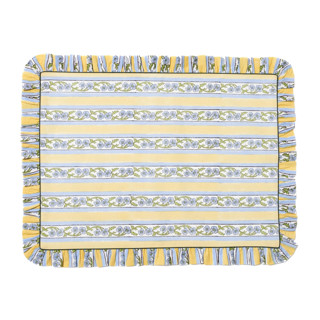 This is a yellow tableware by Inner Child called provence ruffled blockprint tablecloth in butter yellow - 70x120 in standard