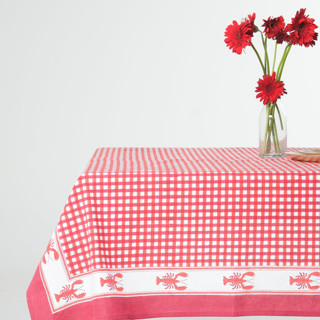 This is a red tableware by Michelle Pham called lobster red gingham blockprint tablecloth - 60x90 in standard