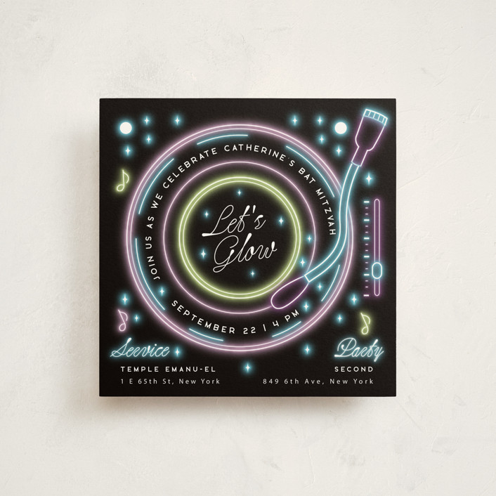 "Neon Spin" - Mitzvah Invitations in Midnight by Ana de Sousa.