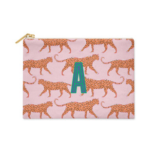 This is a pink back to school supplies by Clairebella called custom flat zip pouch - leopard pink single initial in standard