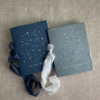 This is a blue vow books by Ivory Invitations called stella celestial wedding vow books navy and denim blue | set of 2 books | includes 1 her vows and 1 his vows in standard