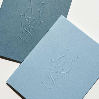 This is a blue vow books by Eva Tadros called luxe embossed unisex vow books, set of two, azul & jean blue, blank pages in standard