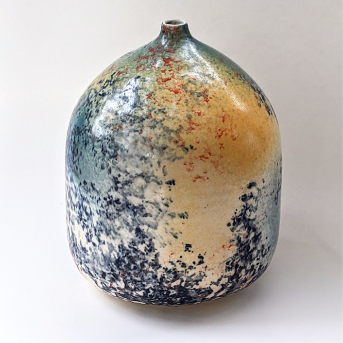 one-of-a-kind hand thrown and hand painted bud vase - yellow and deep blue