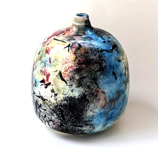 This is a multicolor vases by Liz Vigoda called one-of-a-kind hand thrown and hand painted bud vase - red, turquoise and black in standard