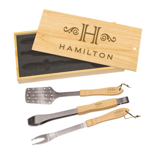 This is a natural wedding gifts by Papel Custom Design called custom engraved wooden grill set in standard