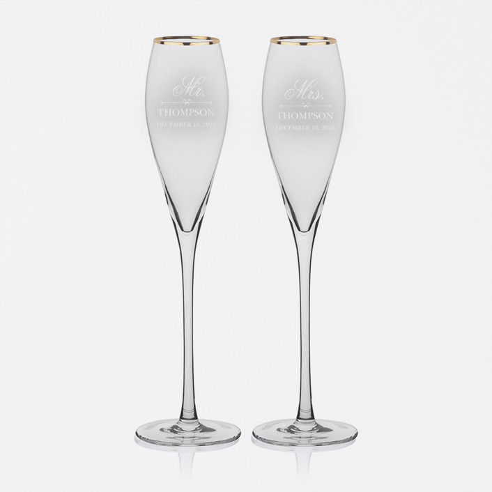 Mr and Mrs Personalized Gold Rim Tulip Shaped Champagne Flutes, Set of 2