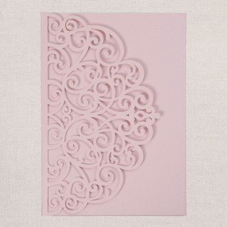 This is a pink vellum wedding invitations by Papel Custom Design called qty of 50 custom gorgous open lace blush glitter pocket | other color options available in standard