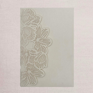 This is a pink vellum wedding invitations by Papel Custom Design called qty of 50 custom ivory shimmer exquisite flower tri-fold laser cut with inside pocket | other color options available in standard