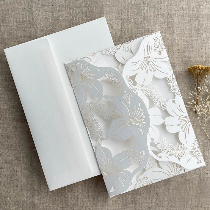 White Lily Floral Lasercut Pocket for 5x7 inch Invitation | Pack of 10 | Envelopes Included