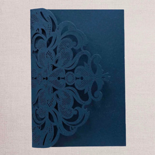This is a white vellum wedding invitations by Papel Custom Design called qty of 50 custom navy shimmer classic lace tri-fold laser cut | other color options available in standard