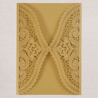 This is a gold vellum wedding invitations by Papel Custom Design called qty of 50 custom medium gold shimmer chantilly lace invitation pocket | other color options available in standard